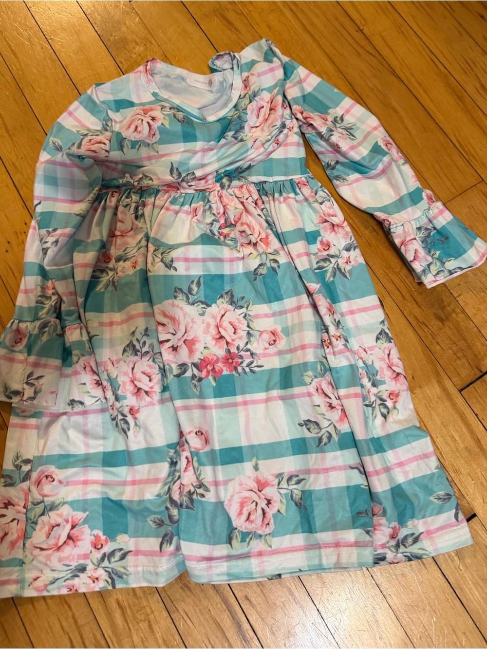 Girls Floral Plaid Long-Sleeve Dress - Mint & Pink
